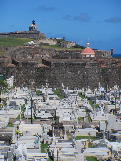 city cemetery with El Morro and chapel in distance